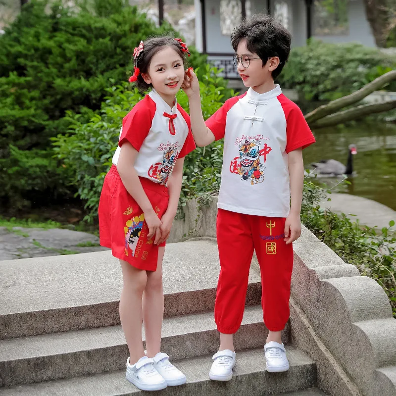 

Girl And Boy Summer New Chinese Style Vintage Button Retro Hanfu Dress Children Oriental Performance Role Play Skirt Costume
