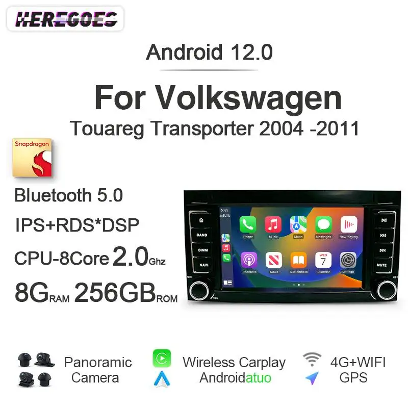 Carplay 2 Din Android 12 Car DVD Player 8G+256GB GPS Radio RDS Navigation autoradio For Volkswagen Touareg Transporter 2004-2011