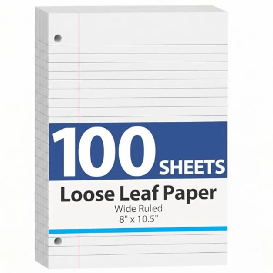 

100 Sheets Loose Leaf Paper, 8 x 10-1/2 Inch, 3 Hole Punched Wide Ruled Filler Notebook Paper for 3 Ring Binders, Ideal for Sch