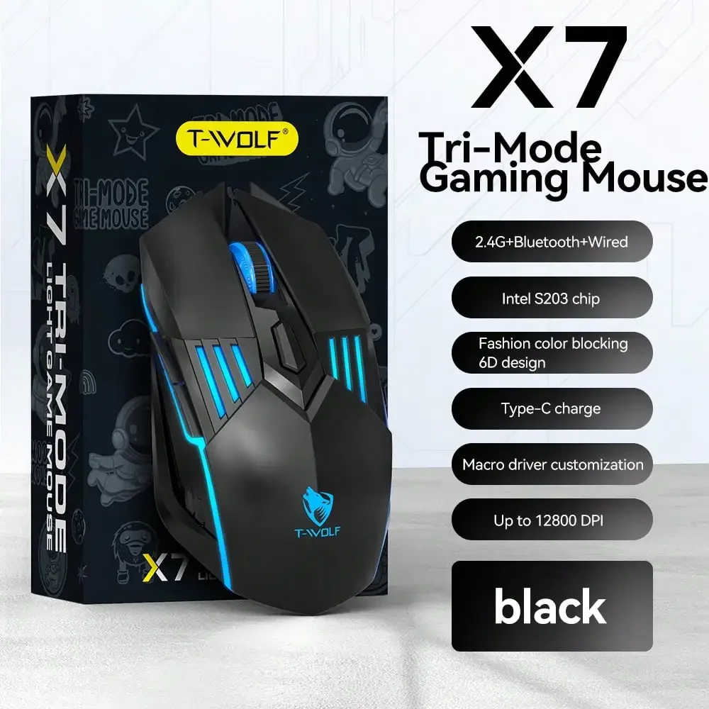 X7 Tri-Mode Gaming Mouse Bluetooth Wired Rgb Backlit Silent Type-C Rechargeable Macro 6d For Pc Laptop Gamers