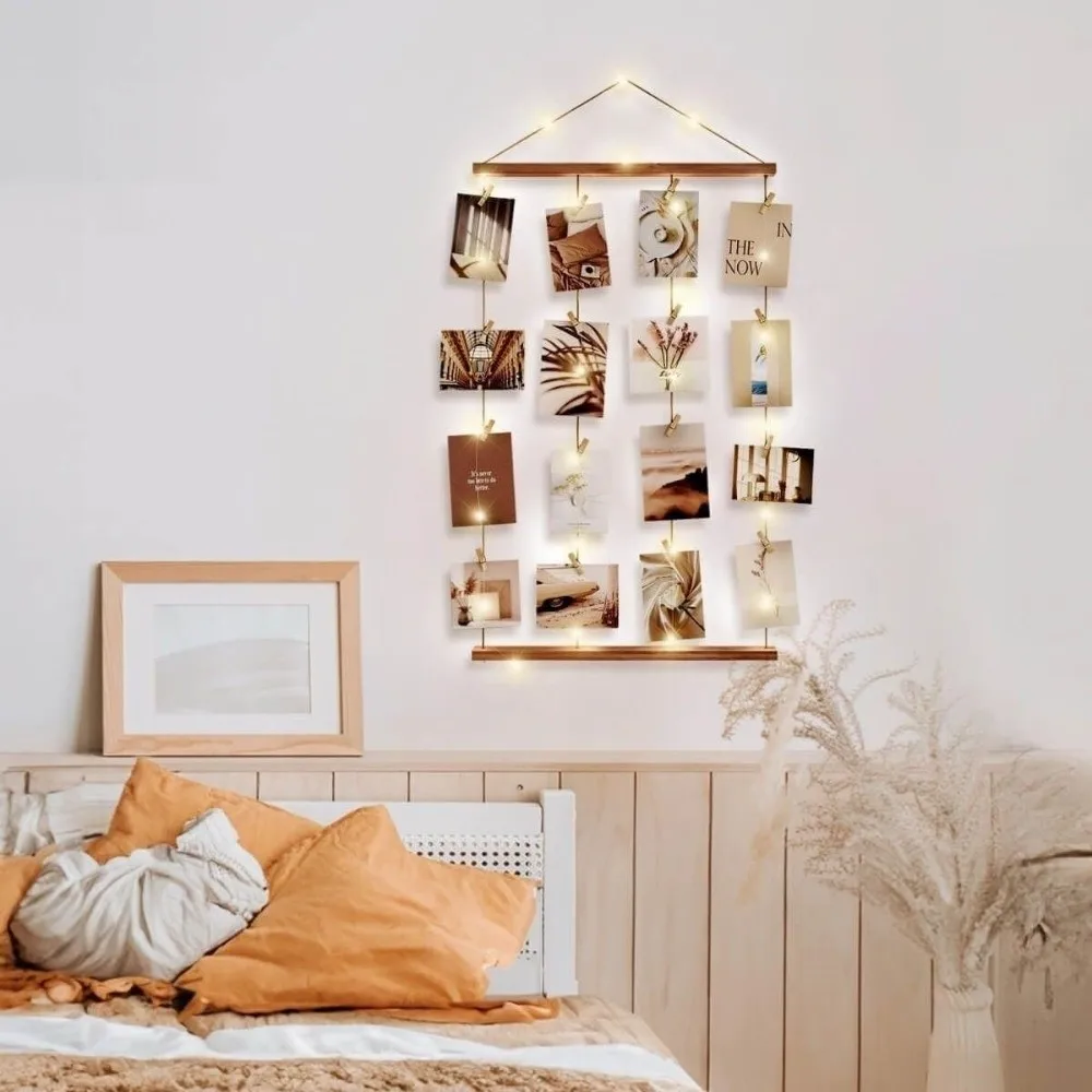 Includes Clips Hanging Photo Display Minimalist DIY Wooden Hanging Photo Clip Handcrafted Decorative Photo Clip String Light