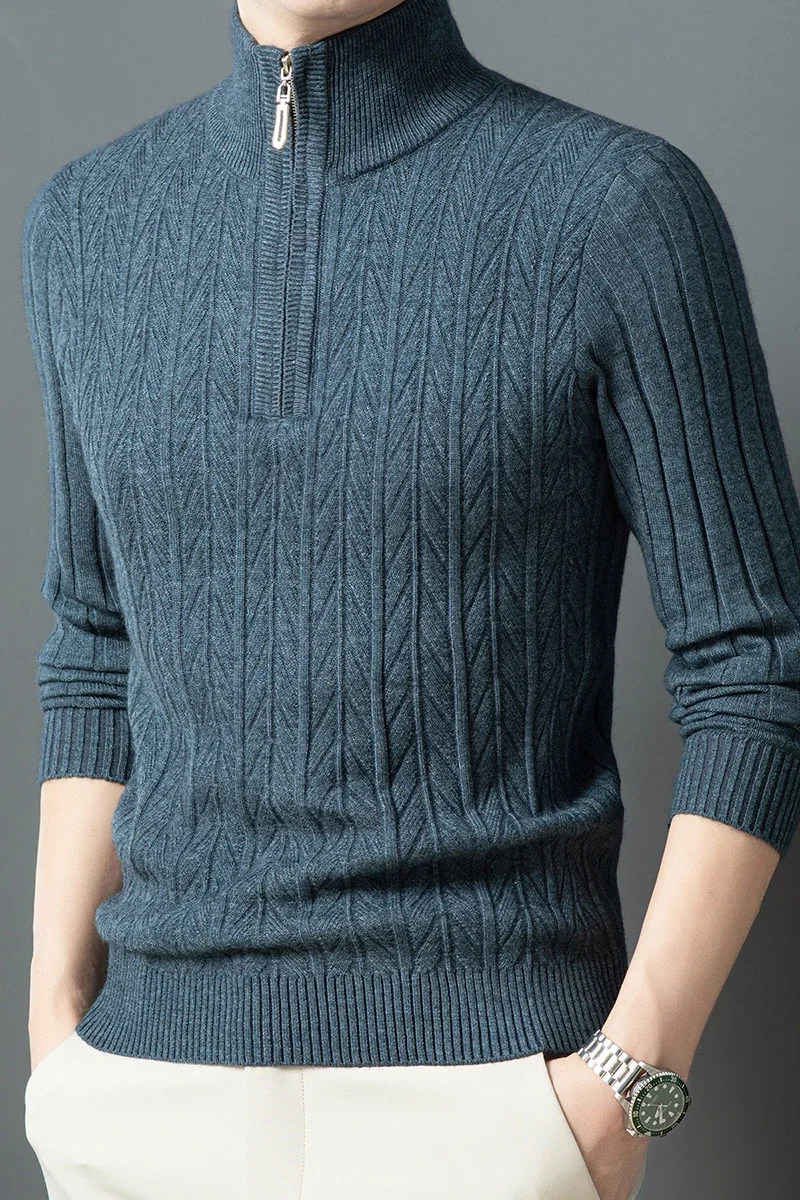 Maglione da uomo autunno e inverno mezzo collo alto con cerniera spessa tinta unita Casual con camicia Base maglione lavorato a maglia calda