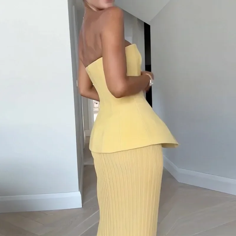 2025 Summer New Women's Comfort Elegant Backless Sleeveless Fashion Tops High Waisted Pleated Skirt Solid Color Two-piece Set