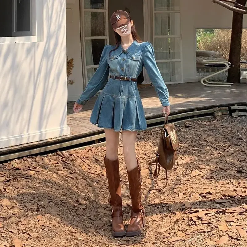 2024 Autumn New Korean Fashion Women Denim Dress Turn Down Collar Long Puff  Sleeve High Waist Slim A Line Pleated Mini Dresses - AliExpress