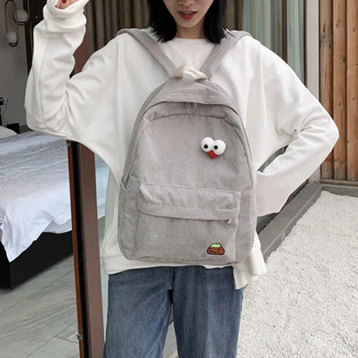 Women Casual Backpack College Wind Large-capacity Corduroy Travel Bag Student School Bag Female High Student Bookbag