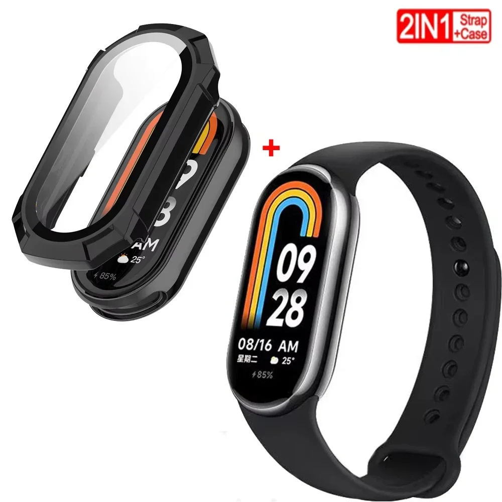 2PCS Silicone Strap+case For Xiaomi Mi band 8 Replacement miband8 sport Bracelet smart band 8 waterproof cover Accessories