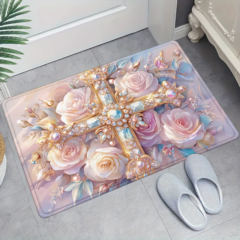 Modern Pink Floral Cross Print Soft Carpet Bathroom Non-silp Doormat Suitable for Livingroom Entrance Decorative Accessories Pad