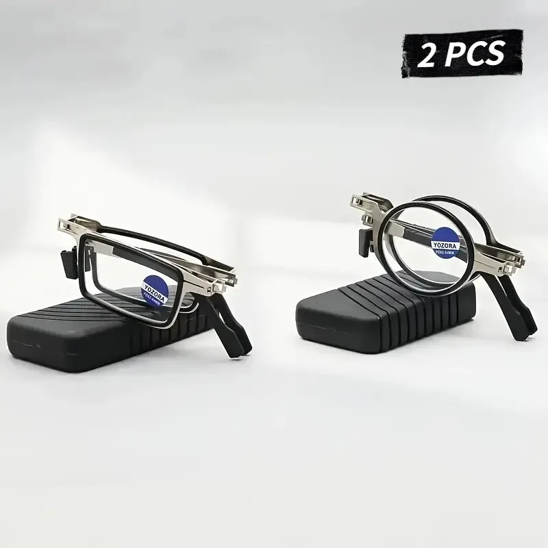 

2pcs Ultra-Thin Portable Stainless Steel Folding Glasses with Storage Case Round Rectangular Design Ideal Gift for Men