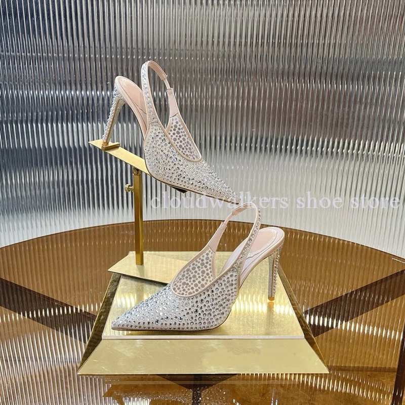 

Gorgeous Sparkling Crystal Diamonds Inlaid Silk Mesh Sandal Point Toe Slingback Stiletto Wedding Shoes Fashion Back Strap Sandal