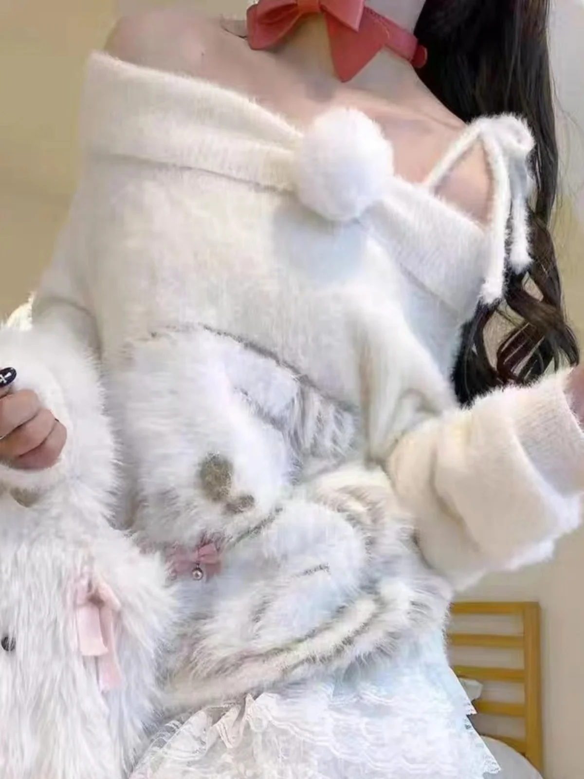 

Soft Faux Fur Sweater Women Early Spring New Sle Dog Print One oulder Pure Desire Knitted Loose Fit Long Sve Top