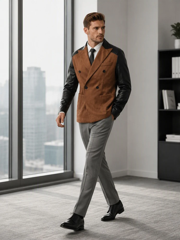 Men Blazer Faux Suede Spliced Leather Double Breasted Lapel Collar Slim Fit Jacket Long Sleeve Business Casual Male Outerwear
