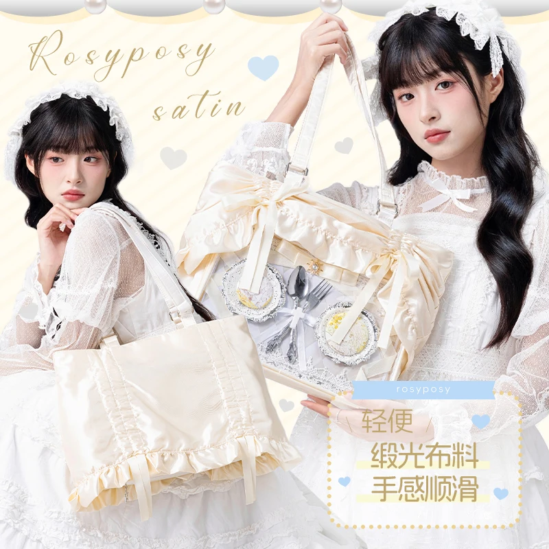 New 2025 Original Student Girls Pleated Satin Ruffled Shoulder Bag Japanese Style Large Capacity Ita Bag Women's Tote Handbags