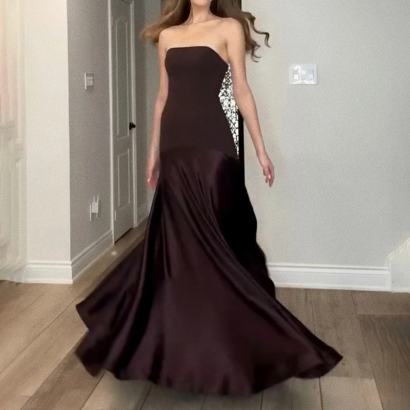 الخريف Y2k المرأة بلا أكمام صديرية دائرية خياطة الساتان تنورة عالية الخصر سليم مزاجه فستان فستان عشاء فستان الحفلات Vestidos