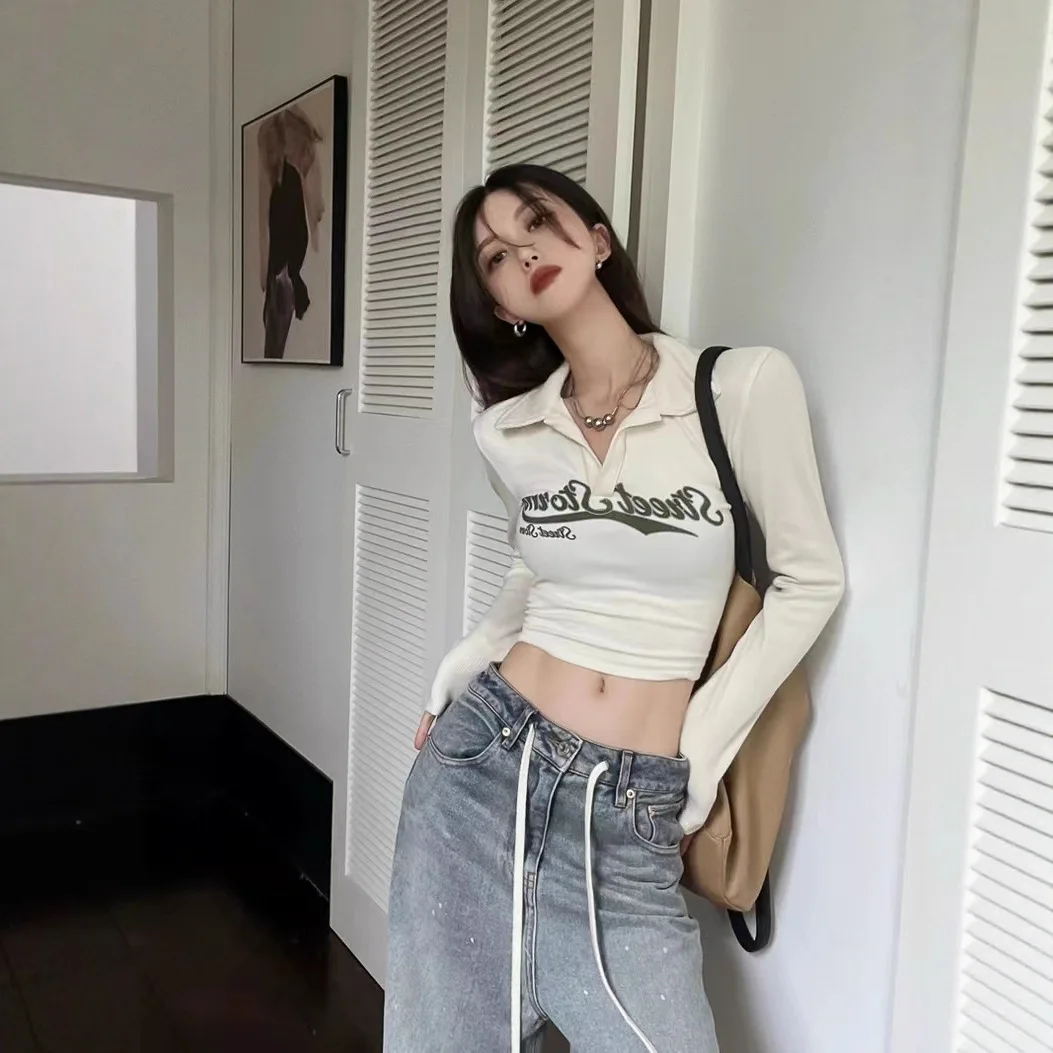 سليم صالح كم طويل تي شيرت المرأة عالية الخصر المحاصيل الأعلى قاعدة قميص النمط الأمريكي الرجعية القطن مزيج الخامس الرقبة طباعة عادية #2