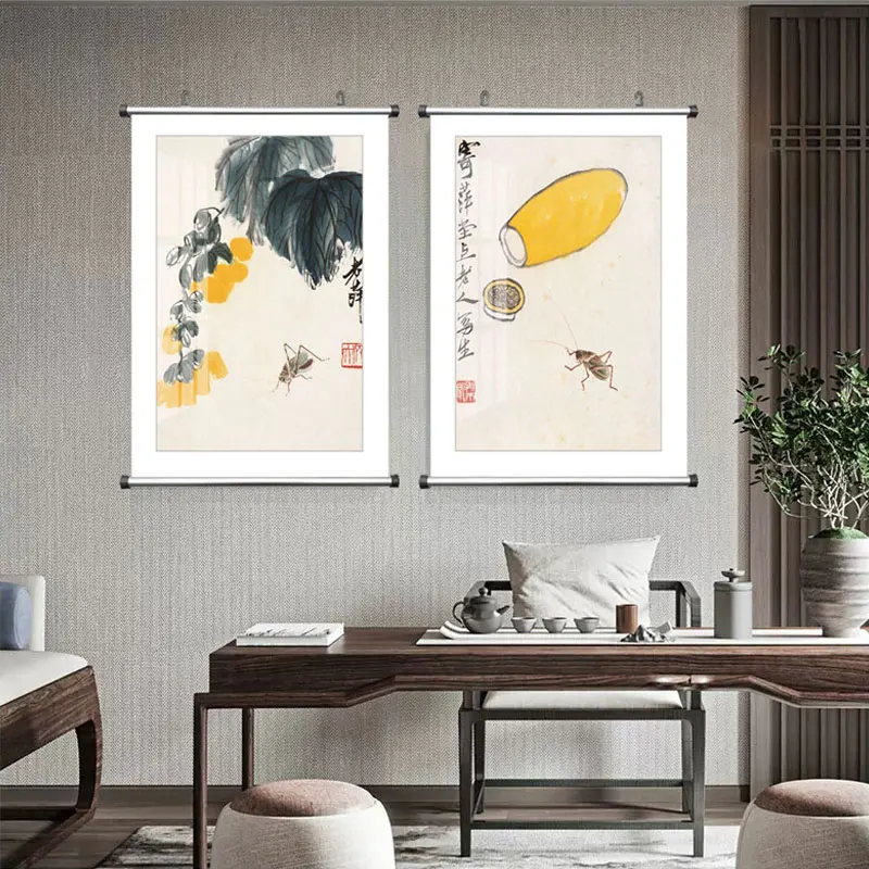 Teahouse Decor Chinese Famous Canvas Painting Qi Baishi Fruit Peach Zen Wall Art Poster Picture Print Office Living Room Home