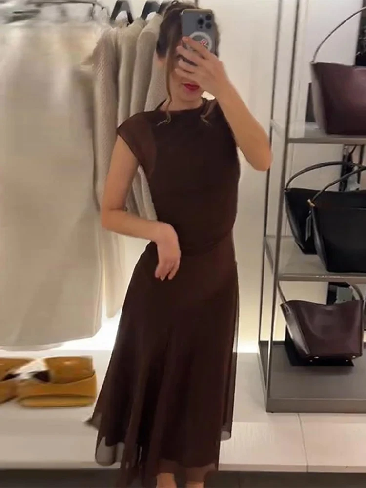 

Fashion Ruched Long Mesh Dress Women Brown O-neck Sleeveless Female Spliced Dresses Spring Summer Lady Elegant Party Robes