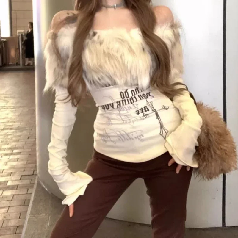 Off-the-shoulder bottoming shirt T-shirt women\'s autumn and winter design sense printing fashion word collar long-sleeved shirt