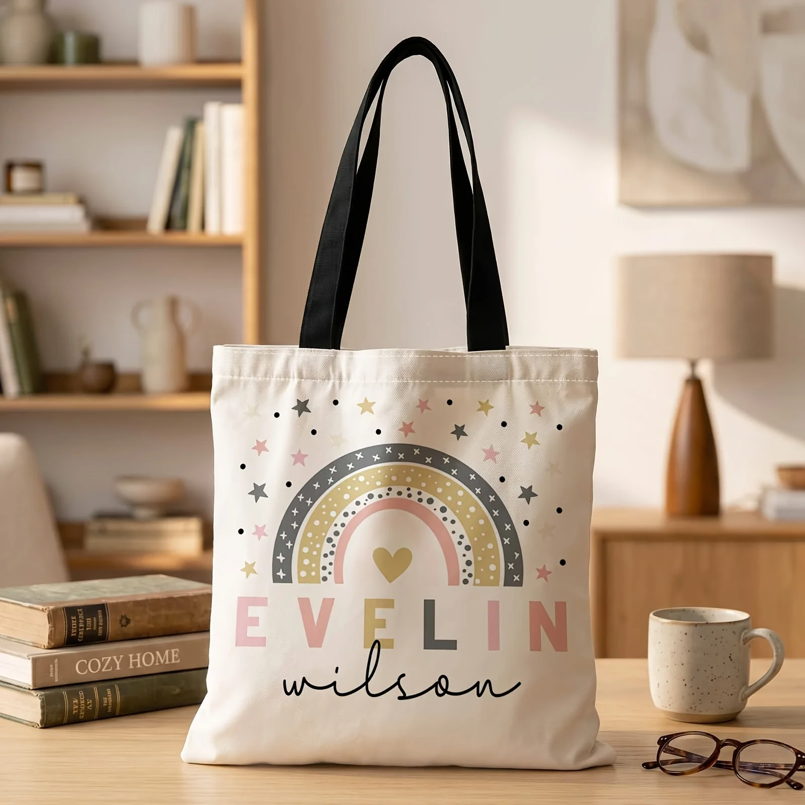 2D Printed Handbag with Evelin'S Rainbow Stars Pattern, Reusable Fashion Shoulder Bag Shopping Tote Bag Suitable for Shopping Of