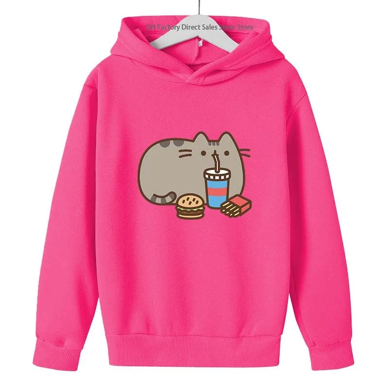 Girls Pusheen Cat Cute Print Spring Autumn Long Sleeved Hoodies 2-13 Years Kids Casual Outfits Sports Tops Children Gift Clothes