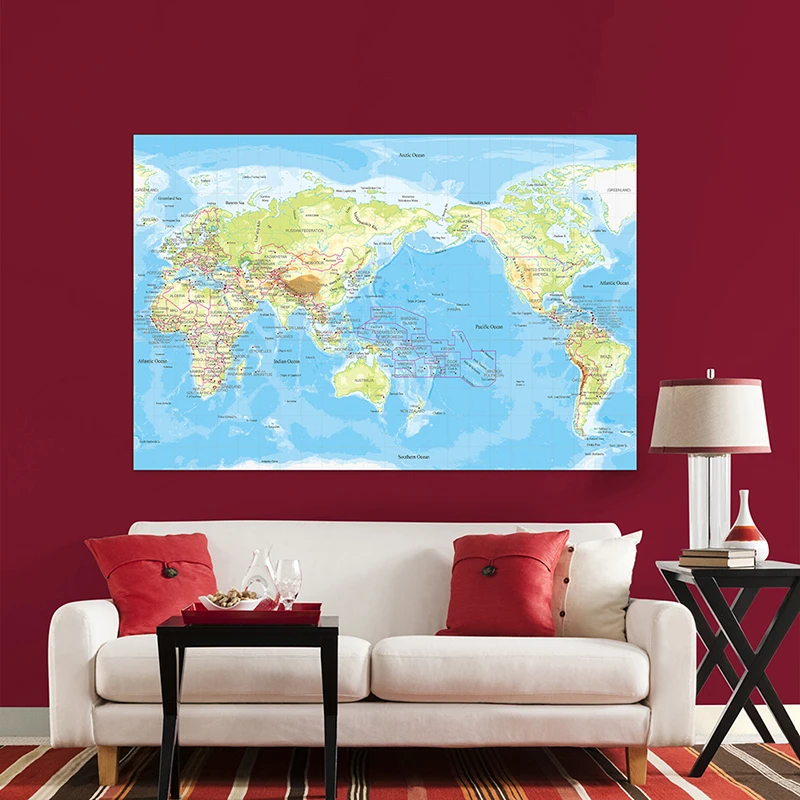 5 x7ft grande mappa del mondo della topografia forniture per ufficio Poster dettagliato mappa della parete mappa della topografia carta da parati della mappa Non tessuta per la decorazione