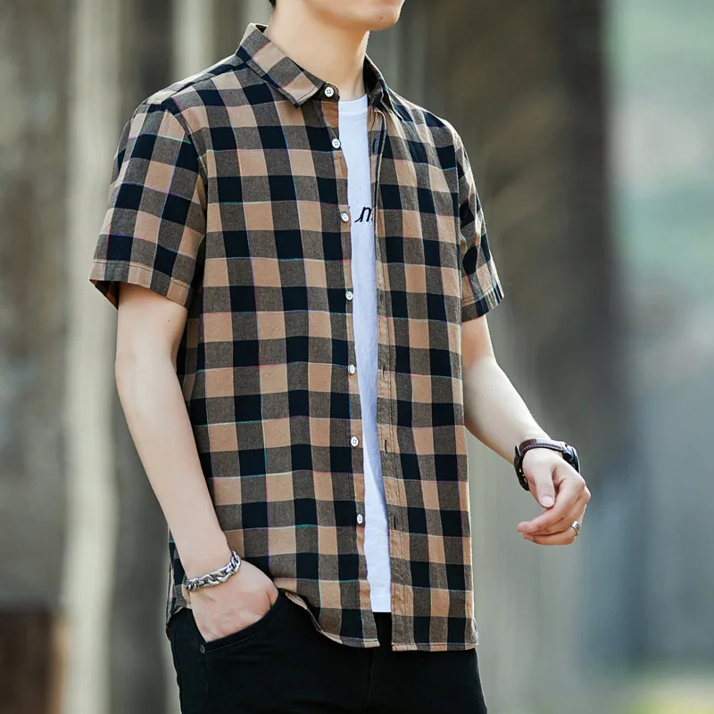 

Summer Men's Short Sleeve Checkered Shirt Handsome Versatile Casual Comfortable Breathable Plaid Shirt