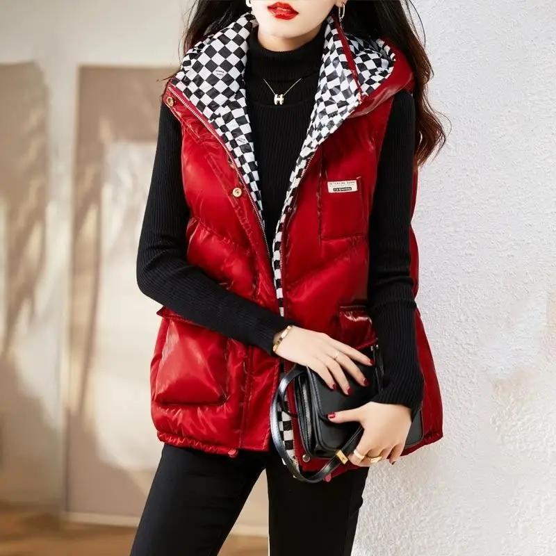 Autumn Winter Vest Women Sleeveless Jacket Cardigan Hooded Glossy Quilted Jacket Korean Chic Tops Waistcoat Loose Mujer