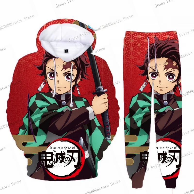 Anime demon slayer hoodies impressão 3d cosplay calças + moletom com capuz 2 pçs conjunto de treino das mulheres dos homens oversize streetwear calças com capuz conjuntos