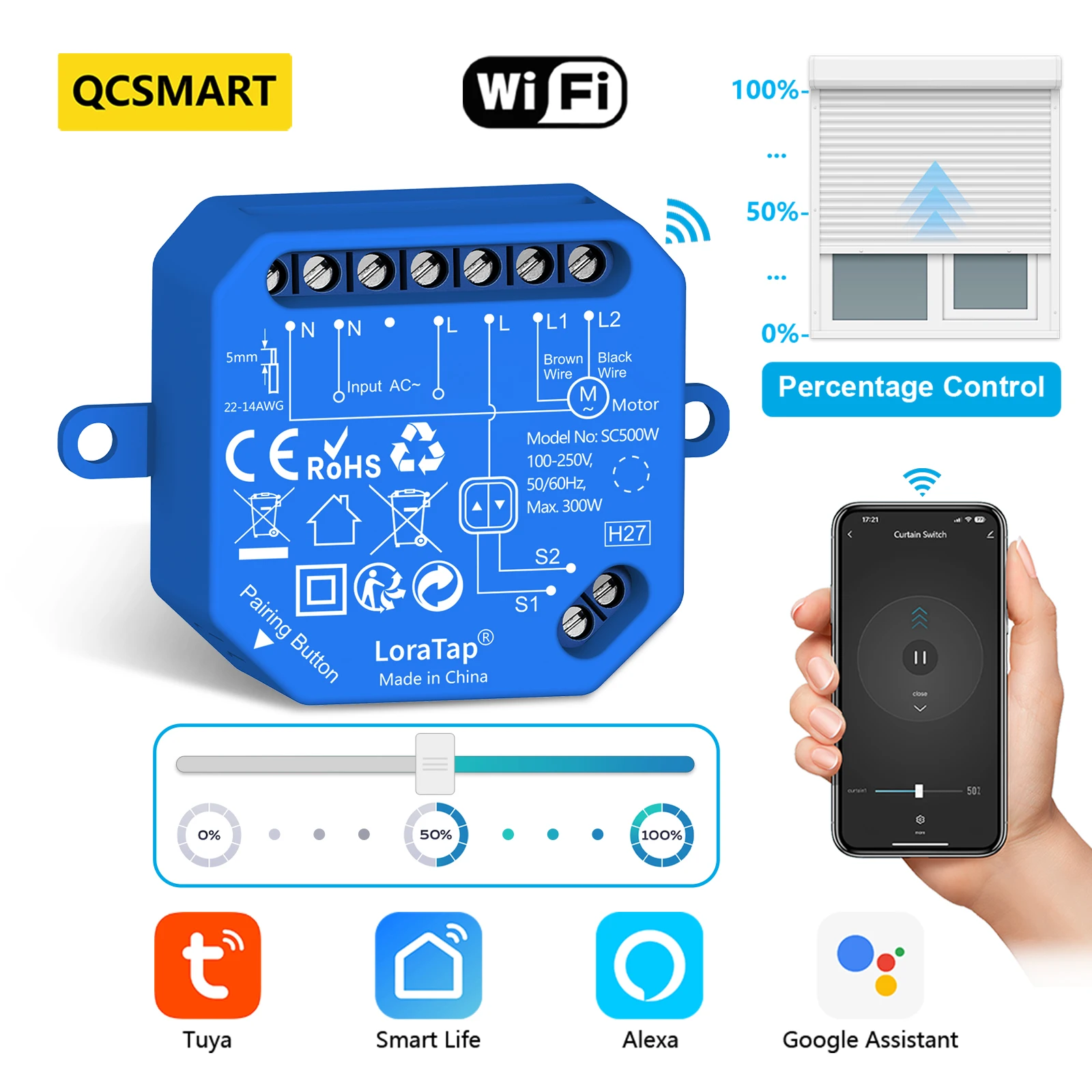 

QCSMART Tuya Smart Life Roller Shutter Blinds Curtain Switch Percentage Control with Backlight Voice Google Assistant Alexa