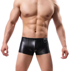 CLEVER-MENMODE Seksi Erkek Boxer Erkek Suni deri İç Külot Penis Kılıfı PU Boksörler homem Yumuşak Boxershorts Külot Şort