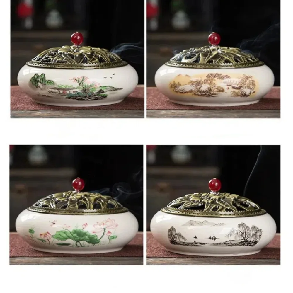 

New Large Incense Burner Ice Crack Ceramic Incense Plate Antique Alloy with Metal Lid Sandalwood Stove Home Decoration
