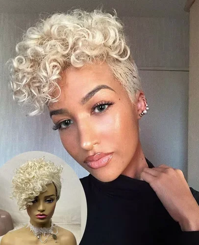 Pixie Short Curly Blonde Synthetic Wigs With Bangs Heat Resistant Fashion Cos Related items Customer Reviews Specifications Desc