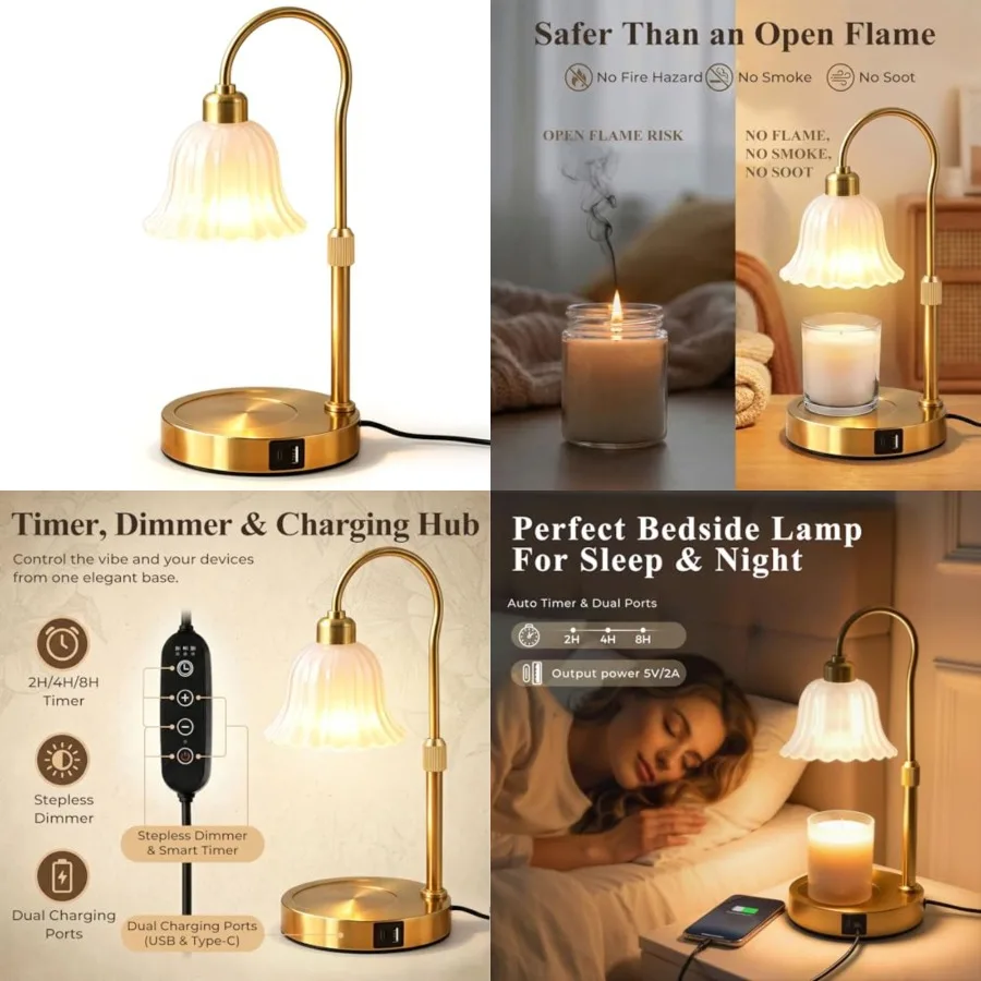

Gold Candle Warmer Lamp, Flower Wax Melt Lamp with Timer Cottage Core Decor Mother Day Gift for Woman