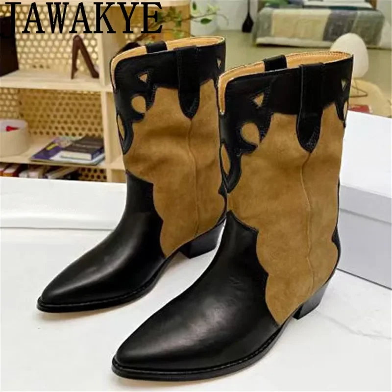 

Classic Pointy Toe Patchwork Suede Ankle Boots Women Real Leather Chunky Heel Short Boots Autumn Fashion New Chelsea Boots Women