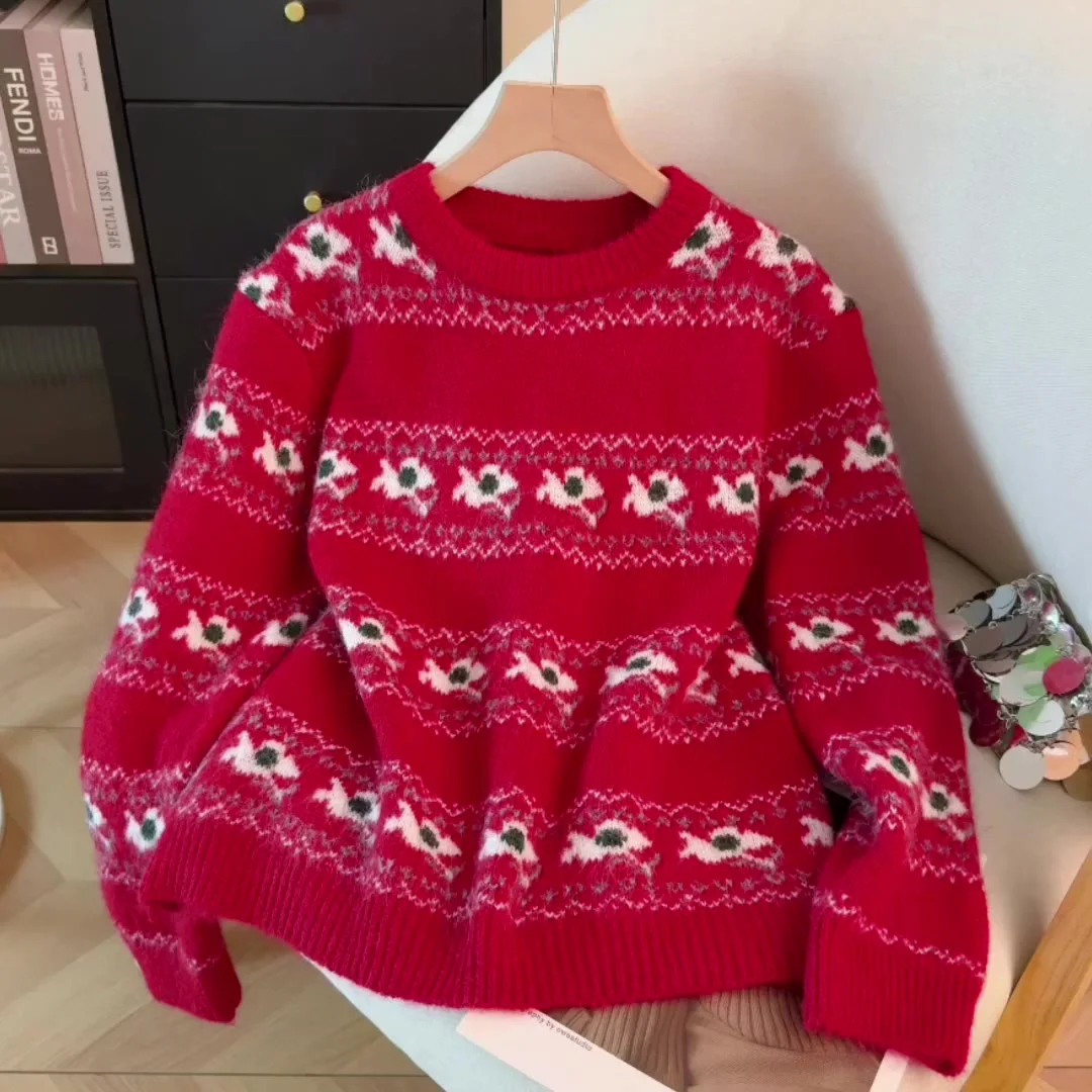 المرأة عيد الميلاد الأحمر البلوز سترة Vintage البلوز متماسكة طويلة الأكمام سترة الكشمير المعنقة للنساء ربيع الخريف 2000s الملابس #1