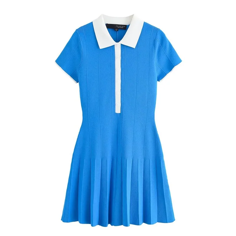 

Women's dress 2025 summer new model blue and white color-blocking knitted shirt with a collar short-sleeved dress casual