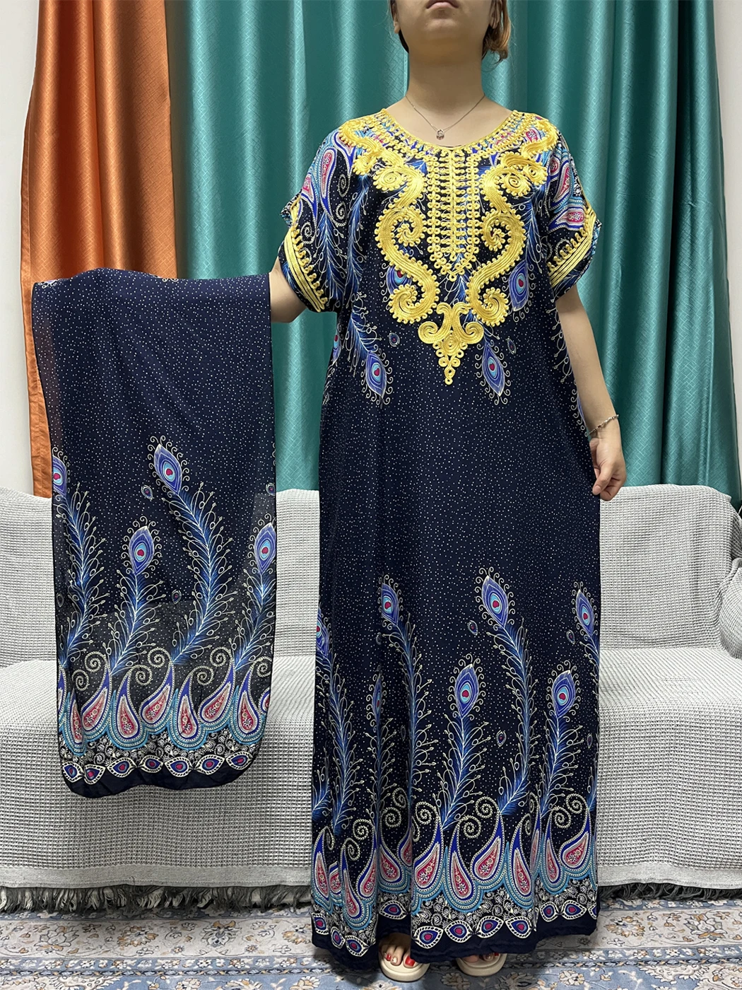 Muslim Abayas For Women 2024 New Cotton Printed Gold Appliques Loose Femme Robe African Nigeria Summer Dresses With Headscarf