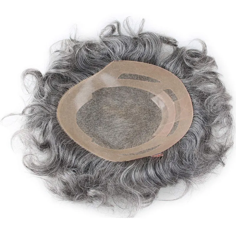 Grey Mens Toupee Mono Base with NPU Around Hair Men's Toupee Hair Real Human Replacement System for Man Freestyle Natural Wigs