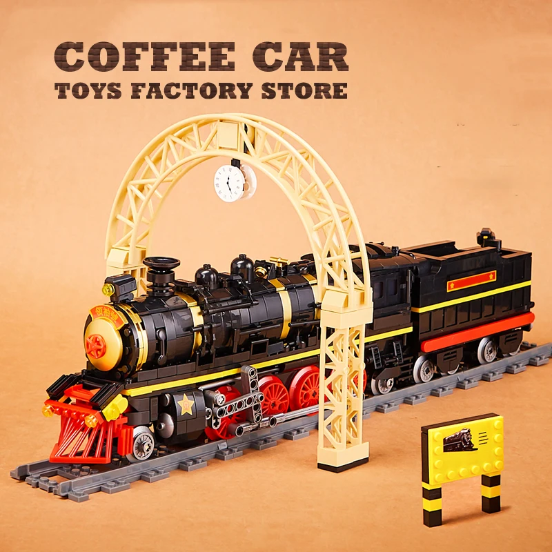 Vintage Zug Gebäude Kits Klassische Lokomotive Blöcke Spielzeug Stadt Eisenbahn Autos Ziegel Display Modell Erwachsene Kinder Weihnachten Geschenke