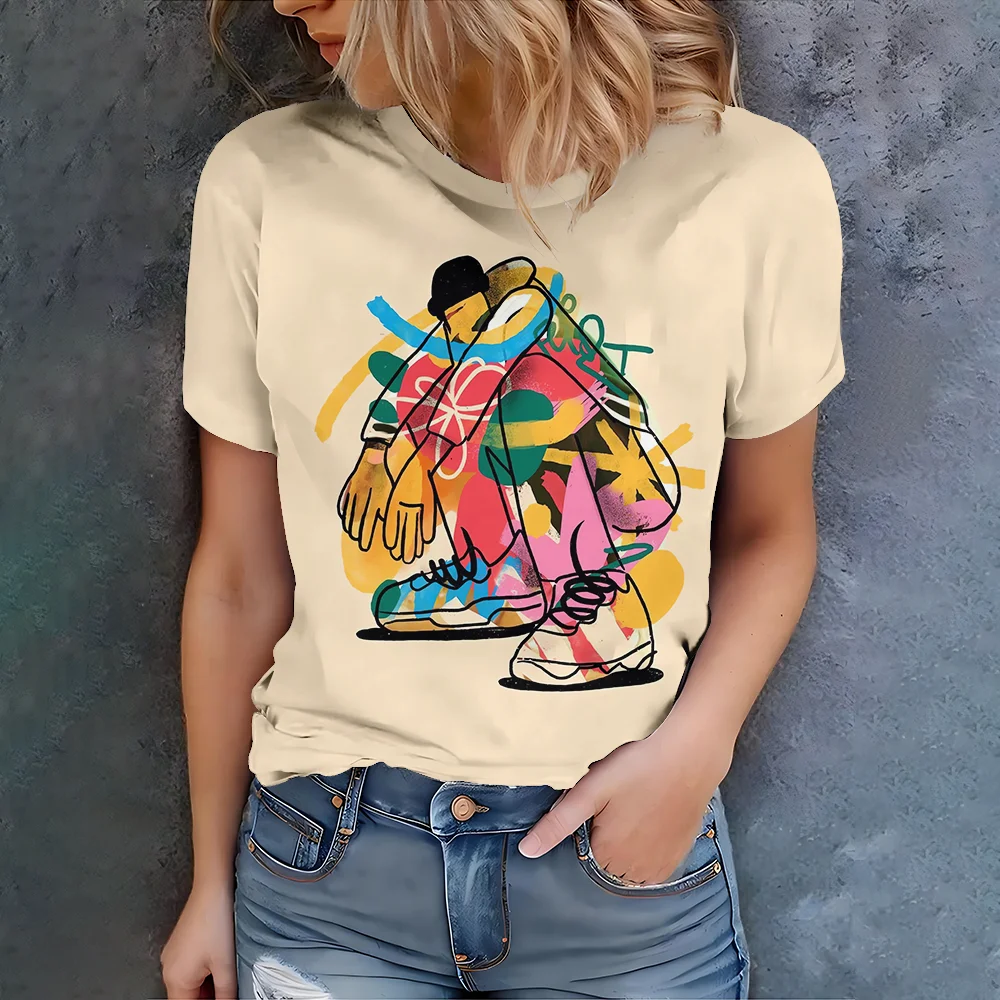 

Cartoon character pattern denim print round neck T-shirt for spring and summer casual short sleeved top women's clothing