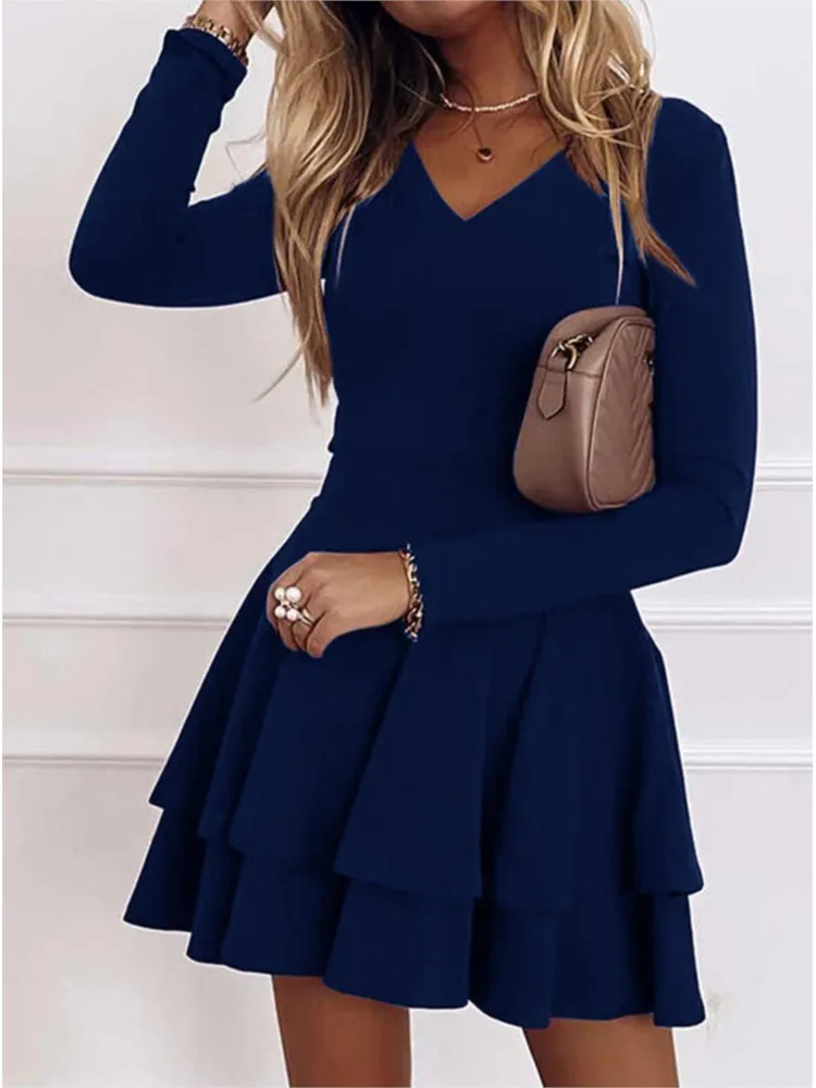 

Elegant Chic Solid Color Long Sleeve Dress Women V Neck Layered Ruffle Cake Mini Dress Autumn Winter Women Corset Pleasted Dress