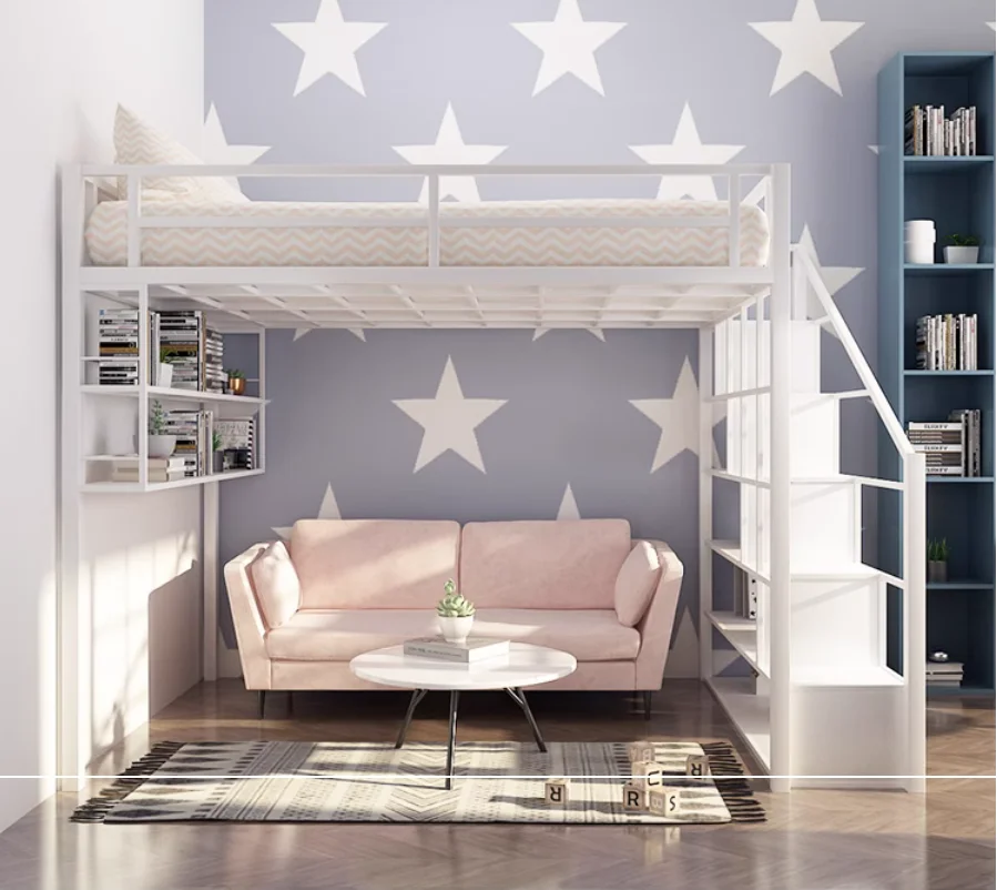 Elevated bed, upper bunk, lower table, bookshelf combination, loft, duplex two-story small apartment, energy-saving hanging bed