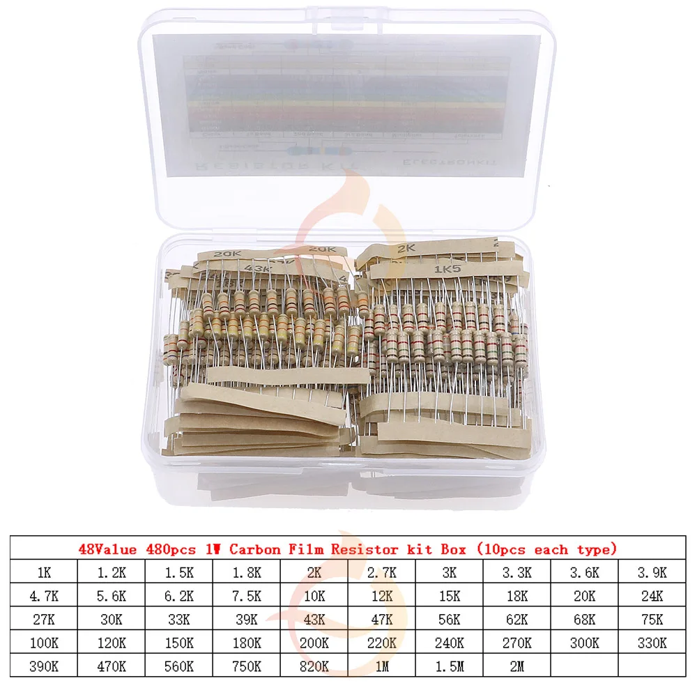 Kit de Resistor de Filme de Carbono Sortido com Caixa, 1/8W, 1/4W, 1/2W, 1W, 2W, 3W, 5W, 5% 0 Ohm, 10m, ohm, 1K, 2K, 5,1 K, 10K, 47K 100K 220K 470K