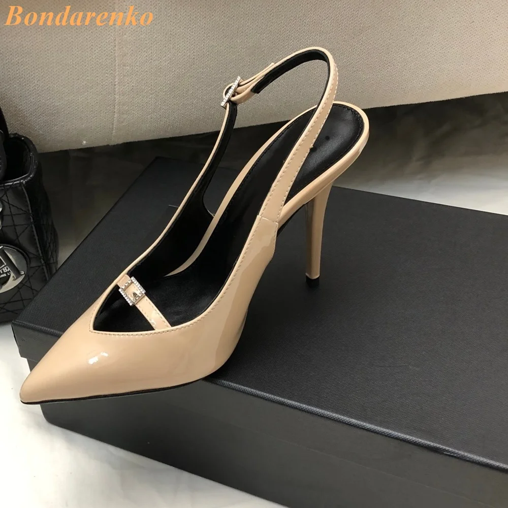 

Patent Leather Sexy Pointed Toe Pumps Slingback Buckle Strap Stiletto Thin High Heel Runway 2024 Spring Shoes Back Strap