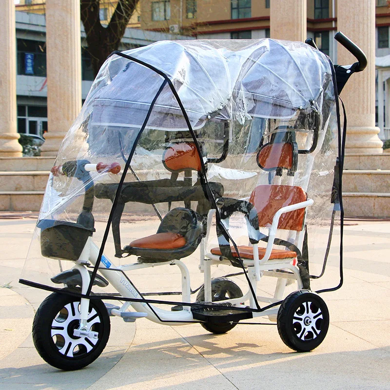 Double Seat Three Wheel Baby Carriage Rain Cover Double Tire Car Windproof Cozy Dust and Rain Proof Front and Rear Seat Baby Car