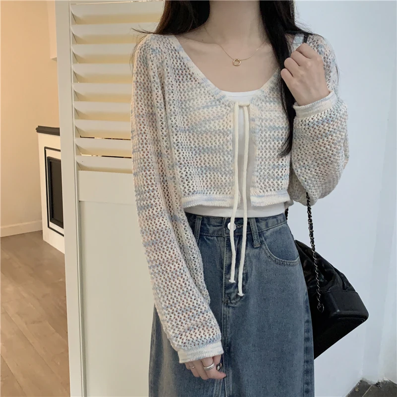 Hollow Out Cardigan Women Loose Tender Lace Up V-neck Summer Long Sleeve Outwear Sun-proof Popular Office Casual Young Ulzzang