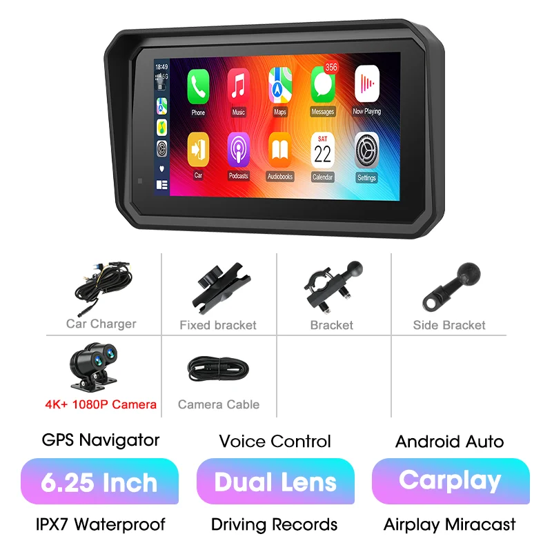 Jansite 5/6.25'' GPS voor motorfietsen Carplay DVR Navigatie Scherm Android Auto Moto Accrssories IP67 Waterdichte monitor - afbeelding 1