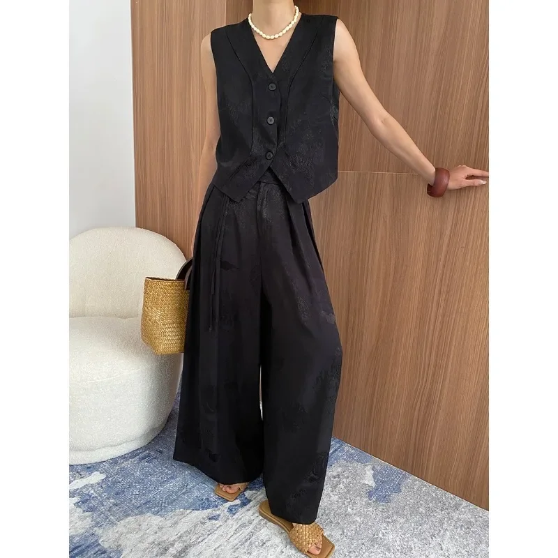 

Chinese Style Jacquard Sleeveless Vest+ Wide-leg Pants Set Women Fashion Vintage Lazy Designer Two-piece Suit Spring Summer