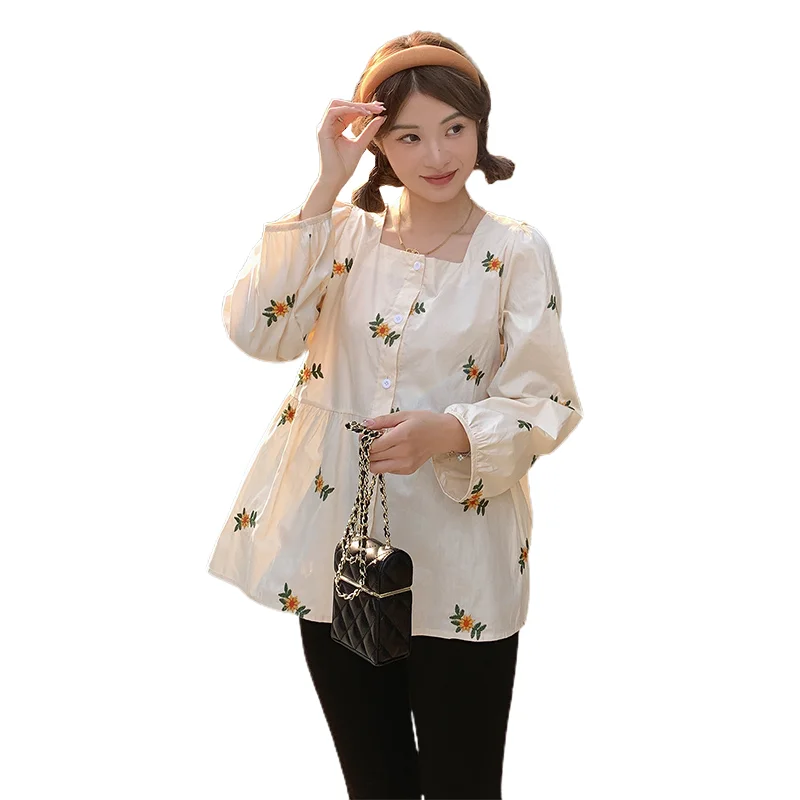 2024 Spring Maternity Shirts Fashion Floral Embroidery Long Sleeve Square Collar Pregnant Women\'s Blouses Button Fly Top Tees