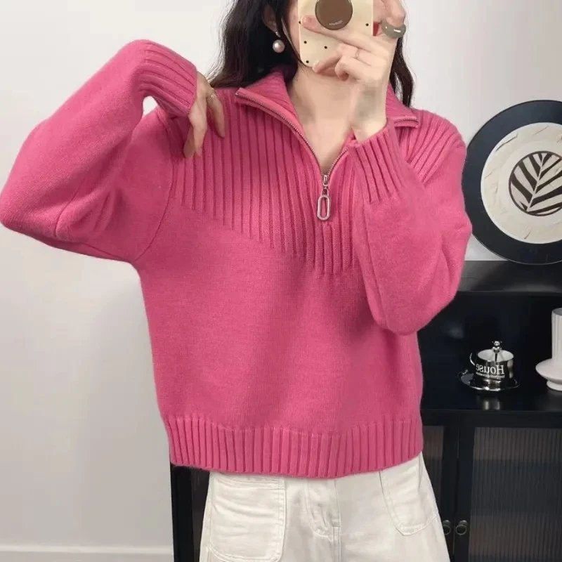 

Women lapel design zippered sweater women's top autumn and winter new long sleeve solid color temperament loose thread sweater