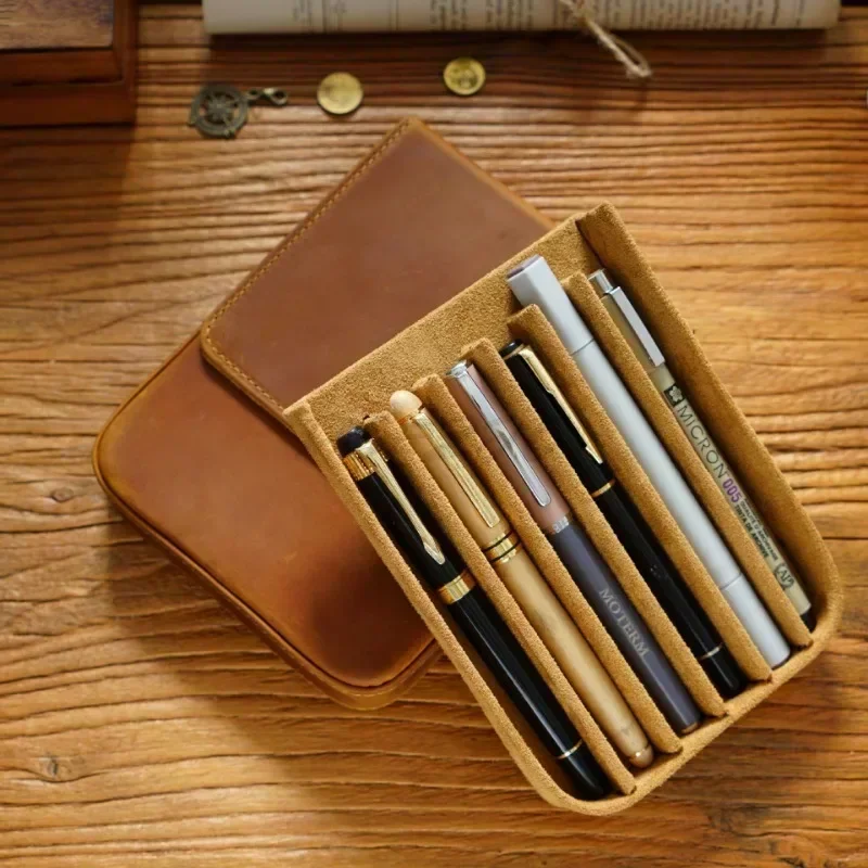 Imagem -04 - Crazy Horse Leather Pen Box Handmade Magnetic Drawer Estilo Office e Student Pen Storage Box